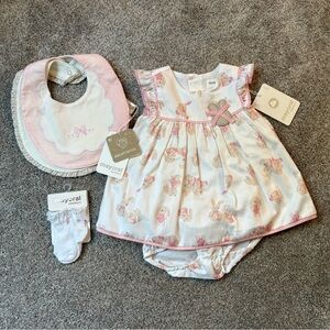 NWT mayoral Pink & White Baby 4-6mo Bunny Dress Set with 2 Bibs + Socks